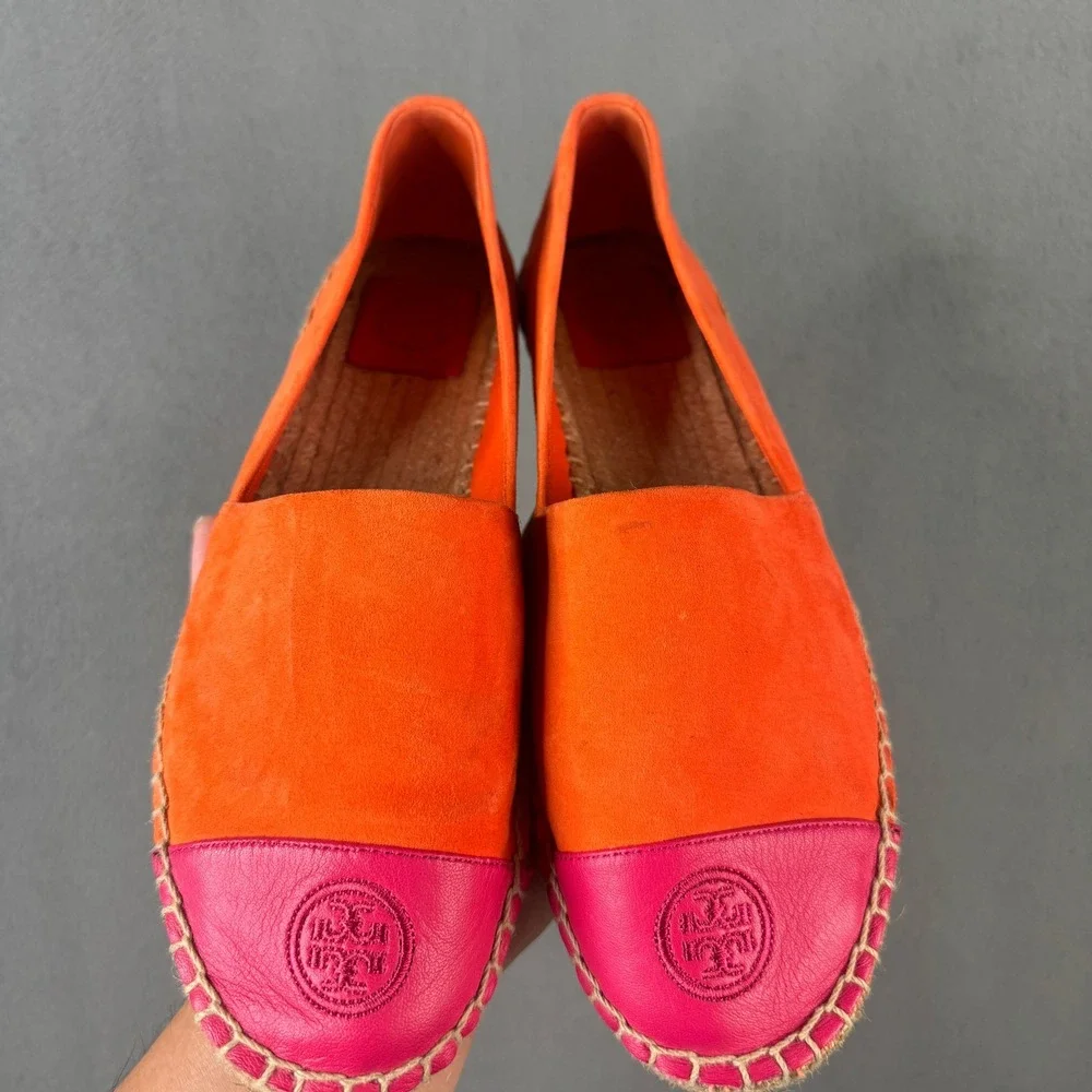 Tory Burch Colorblock Suede Leather Espadrilles Orange Pink Size 8.5 Flat Shoes